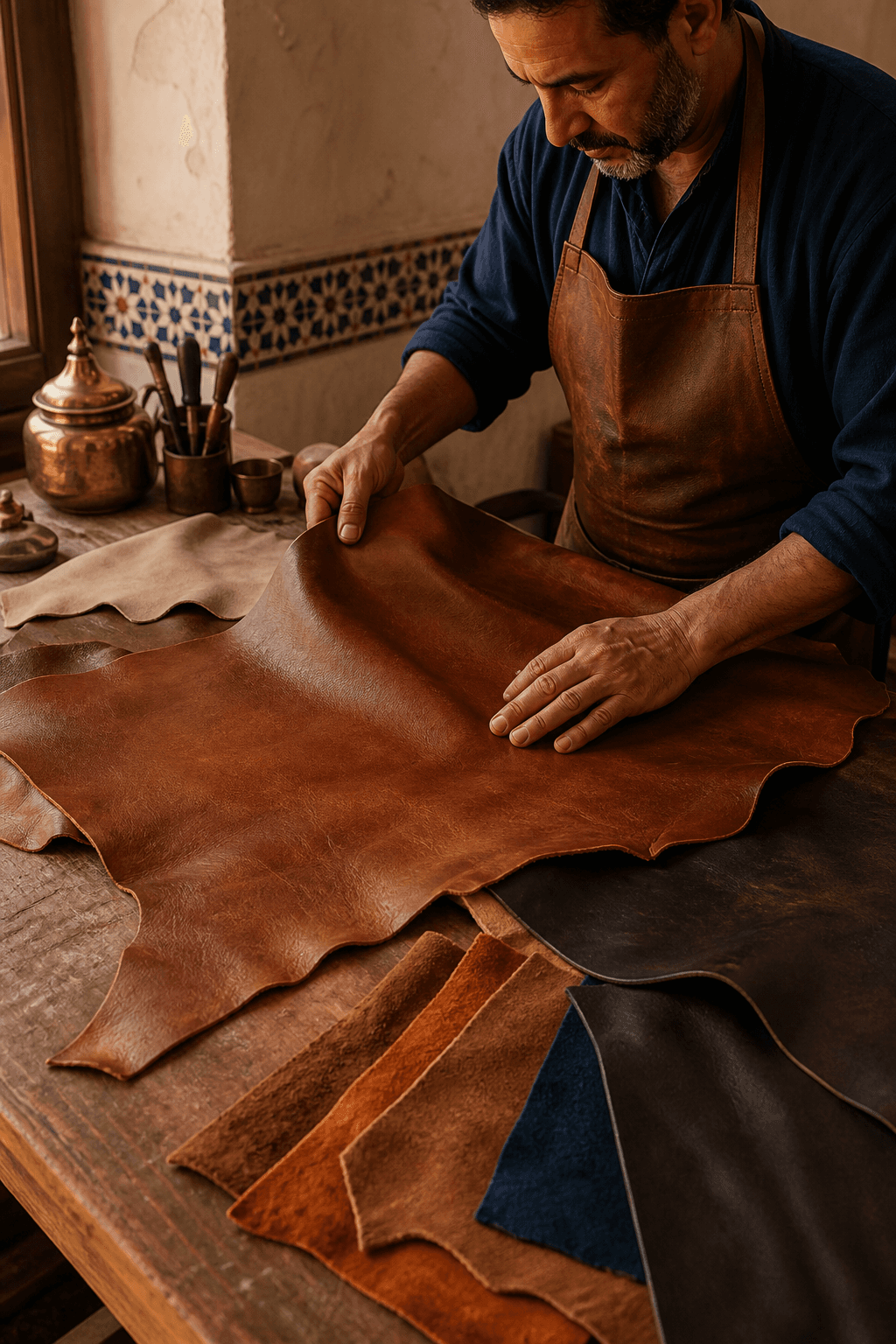 Moroccan artisan checking leather hide quality