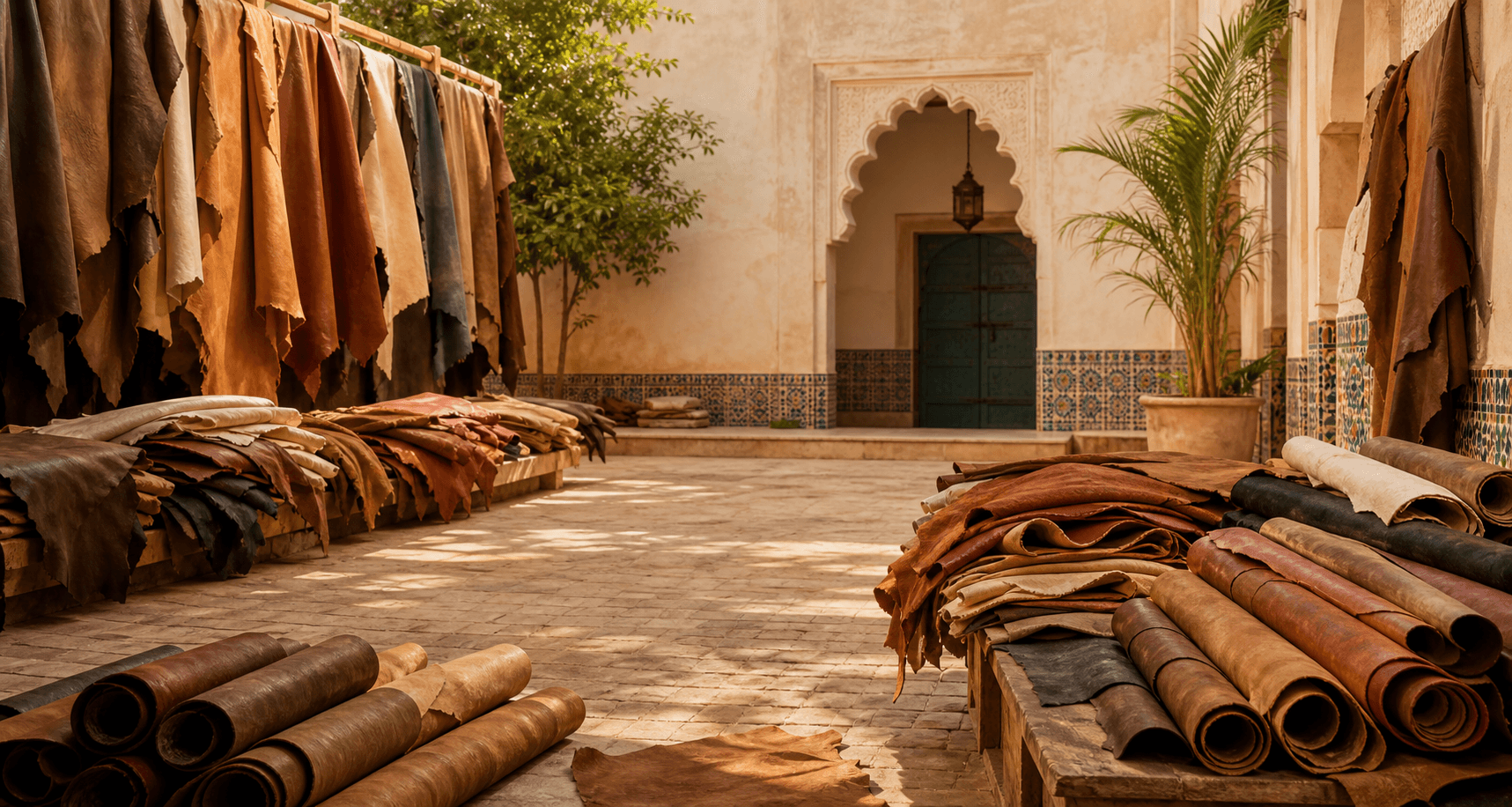 Moroccan courtyard with raw leather hides and rolls