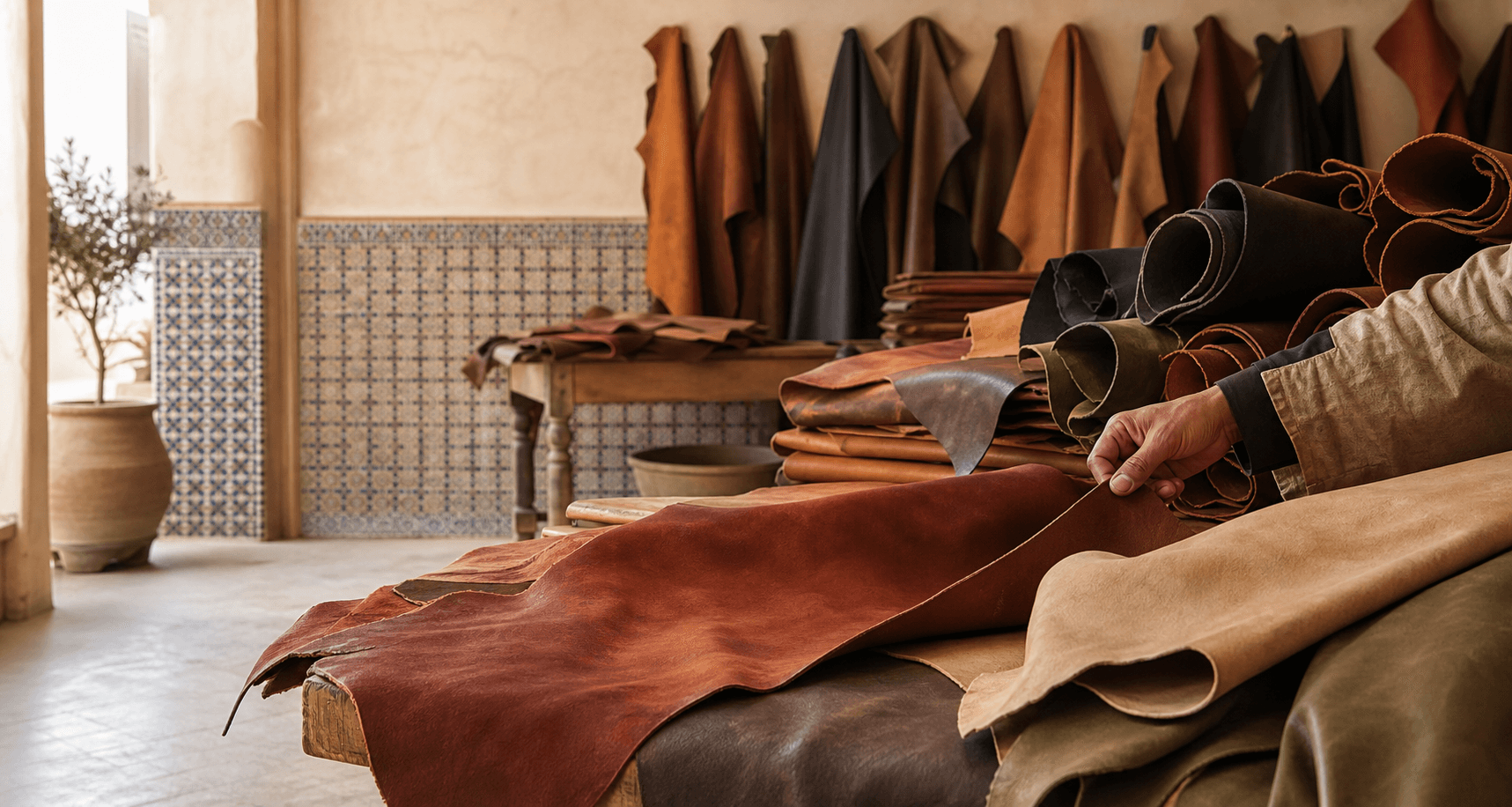 Moroccan leather hides and rolls in a refined supplier workshop